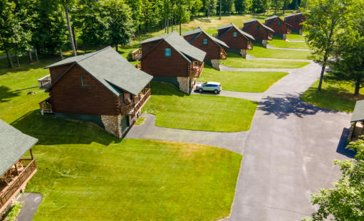 This is an aerial  picture of the cabins at Beaver Creek Resort in Gaylord, MI